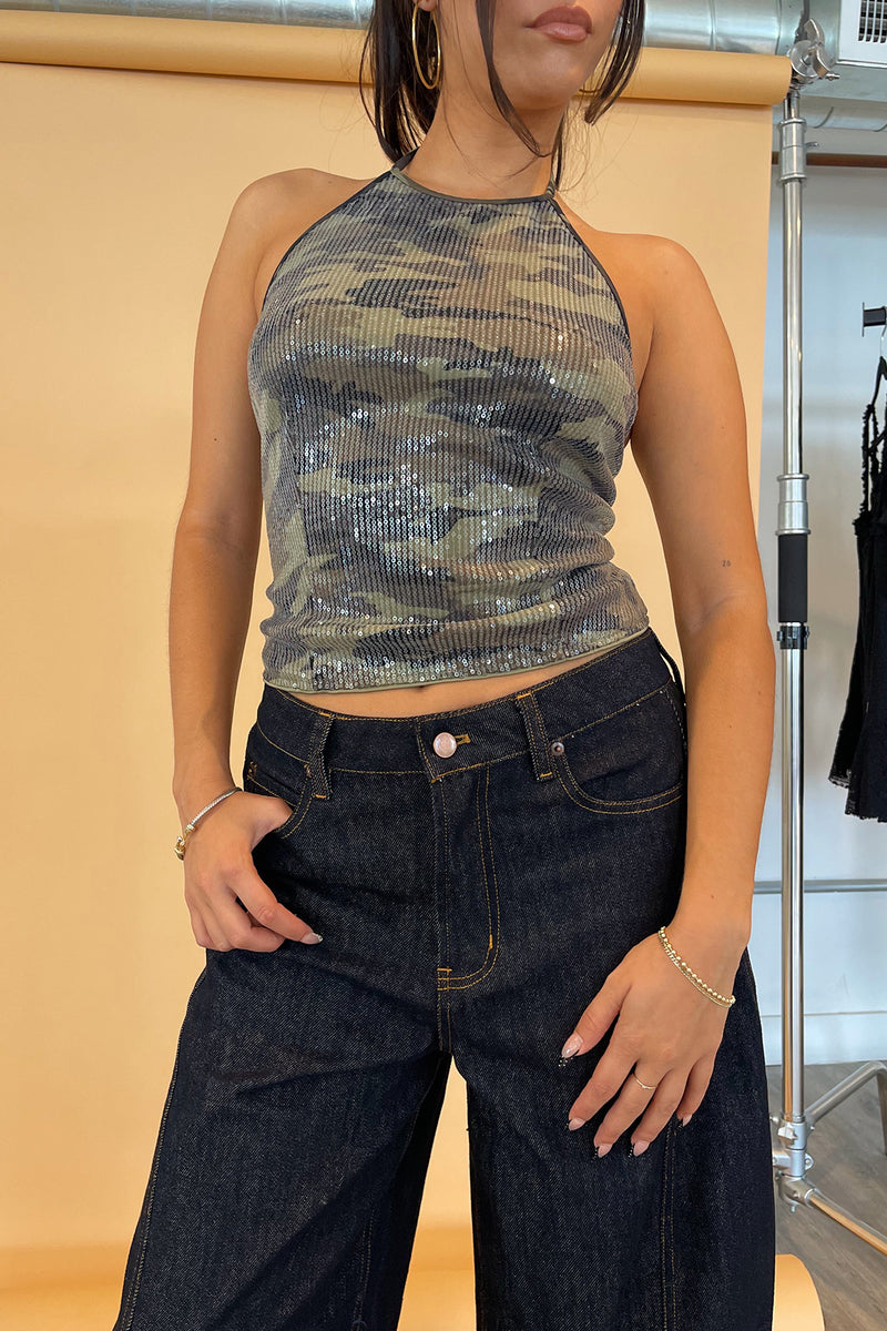 Hidden Gem Sequin Camo Halter Tank Top