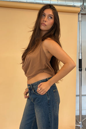 Til Dawn Caramel Mesh Tie Neck Halter Tank Top