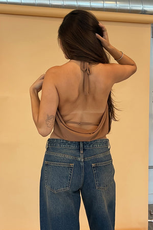 Til Dawn Caramel Mesh Tie Neck Halter Tank Top