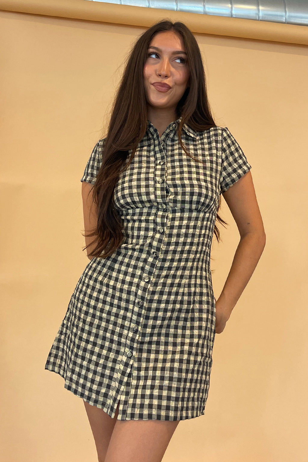 Phoebe Yellow and Grey Check Collared Mini Dress