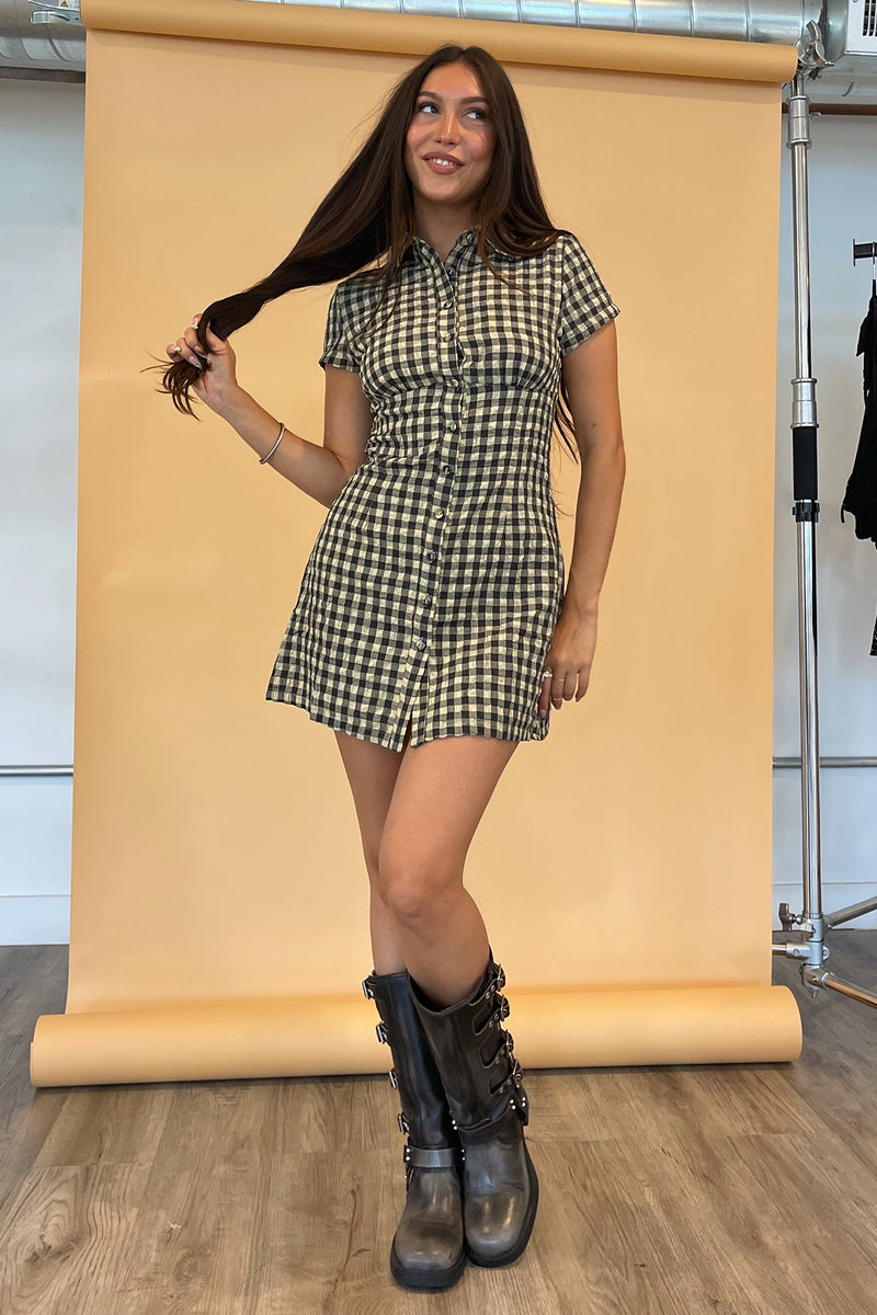Phoebe Yellow and Grey Check Collared Mini Dress