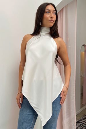 Let Go Cream Halter Neck Asymmetrical Backless Tank Top