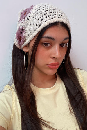 Cream with Lilac and Burgundy Flower Crochet Headscarf