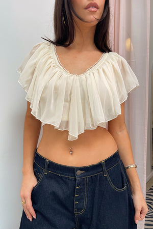 First Glance Cream with Doily Trim Sheer Top