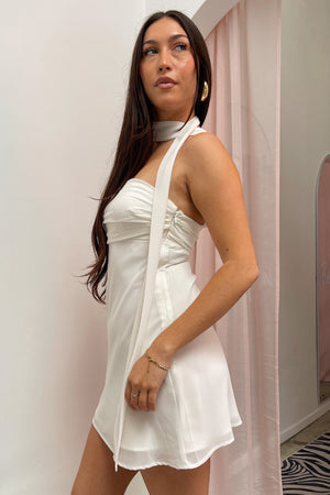 Celine Cream Strapless Mini Dress with Attached Scarf