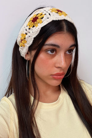 Cream with Yellow and Burgundy Flower Crochet Headband