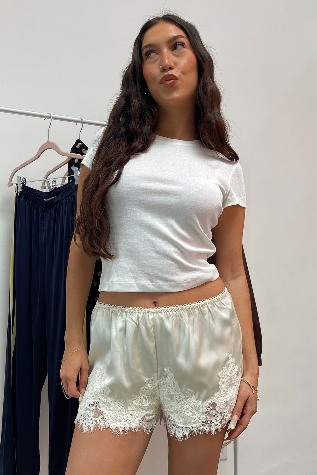 Harper Cream Satin with Lace Applique Mini Shorts