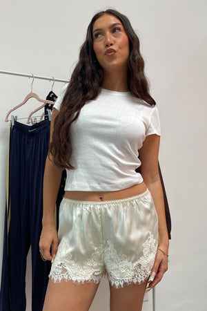 Harper Cream Satin with Lace Applique Mini Shorts