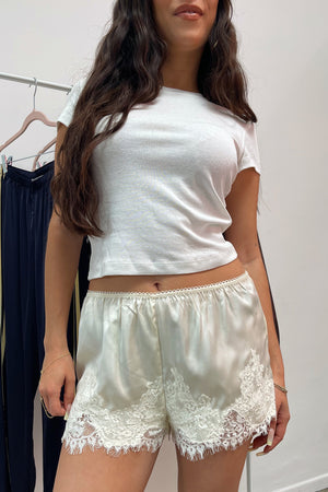 Harper Cream Satin with Lace Applique Mini Shorts
