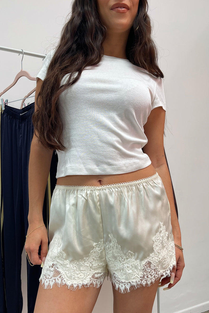 Harper Cream Satin with Lace Applique Mini Shorts