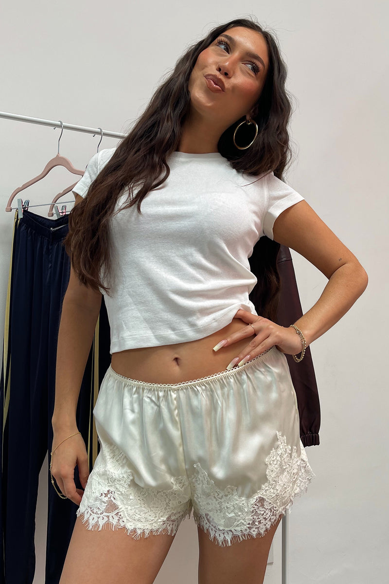 Harper Cream Satin with Lace Applique Mini Shorts
