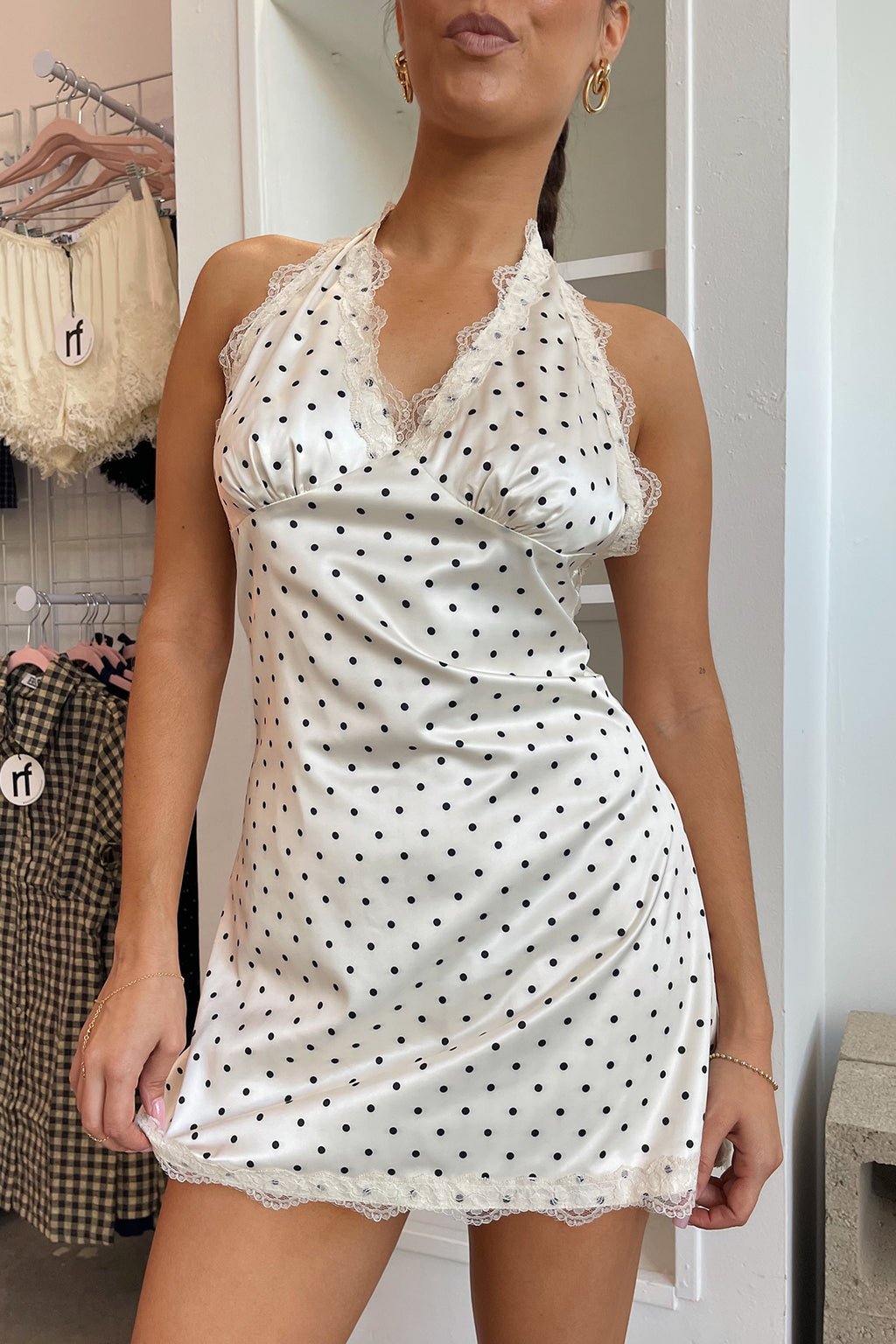 At First Sight Cream with Black Polka Dot Lace Trim Mini Dress