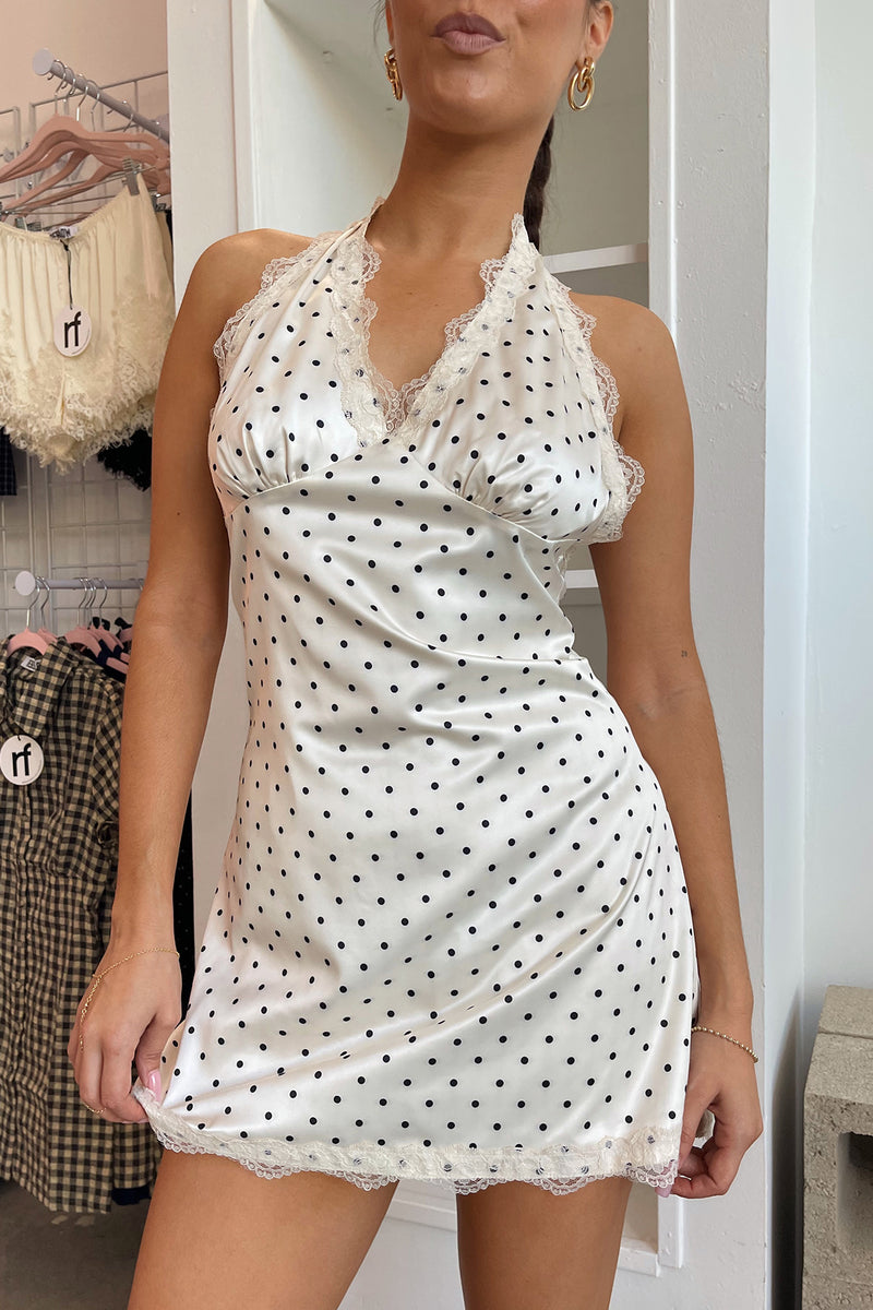 At First Sight Cream with Black Polka Dot Lace Trim Mini Dress