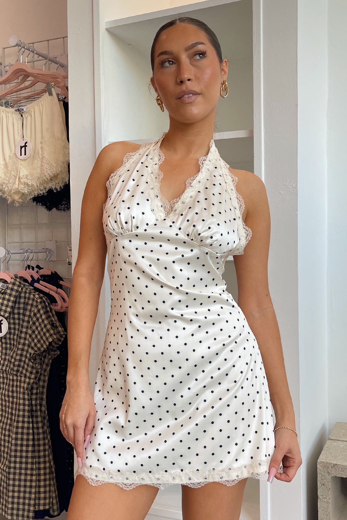 At First Sight Cream with Black Polka Dot Lace Trim Mini Dress At First Sight Cream with Black Polka Dot Lace Trim Mini Dress