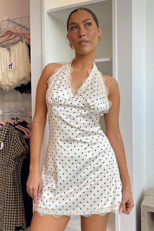 At First Sight Cream with Black Polka Dot Lace Trim Mini Dress