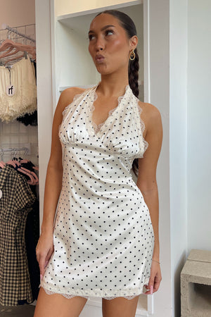 At First Sight Cream with Black Polka Dot Lace Trim Mini Dress