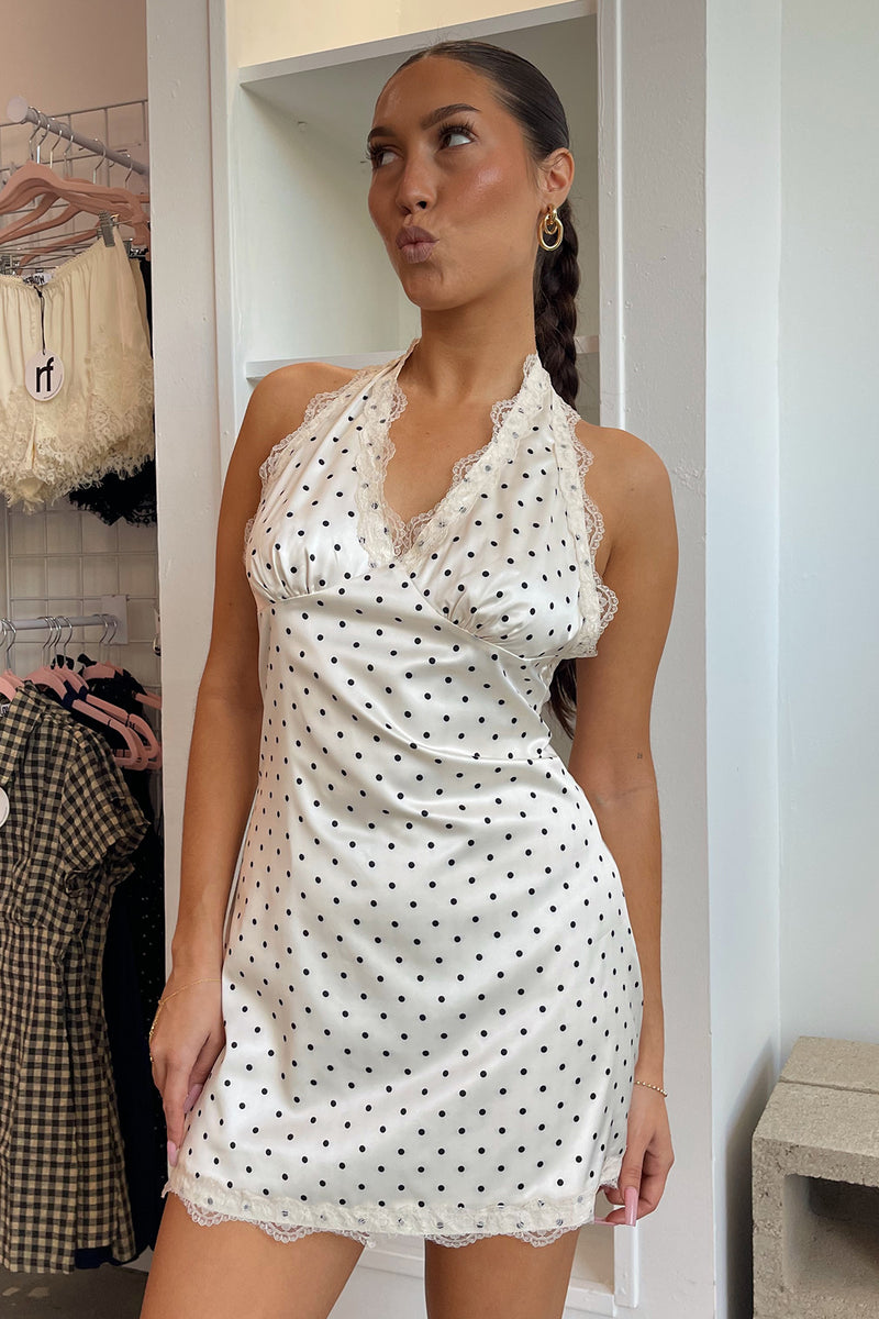 At First Sight Cream with Black Polka Dot Lace Trim Mini Dress