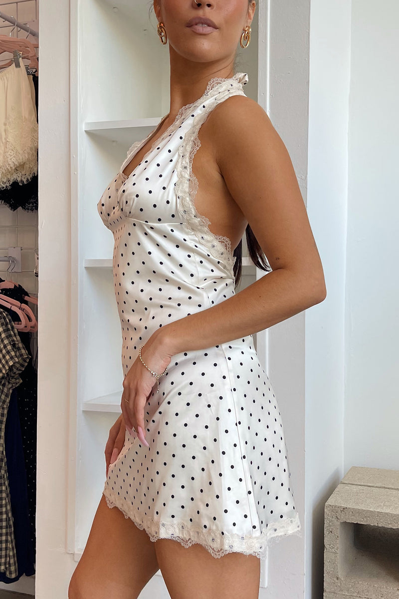 At First Sight Cream with Black Polka Dot Lace Trim Mini Dress