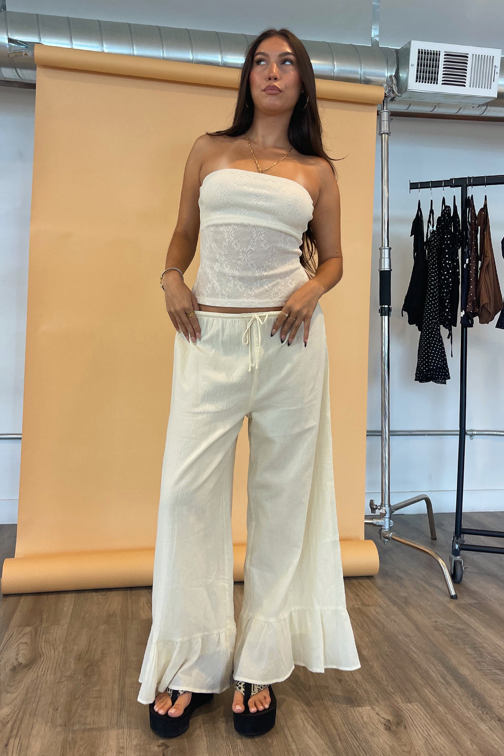 Clover Cream Cotton Ruffle Wide Leg Pants