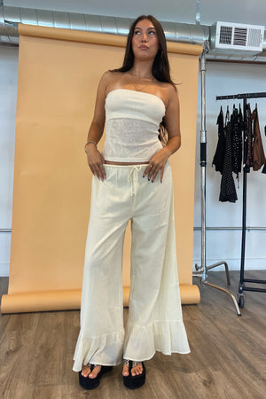 Clover Cream Cotton Ruffle Wide Leg Pants