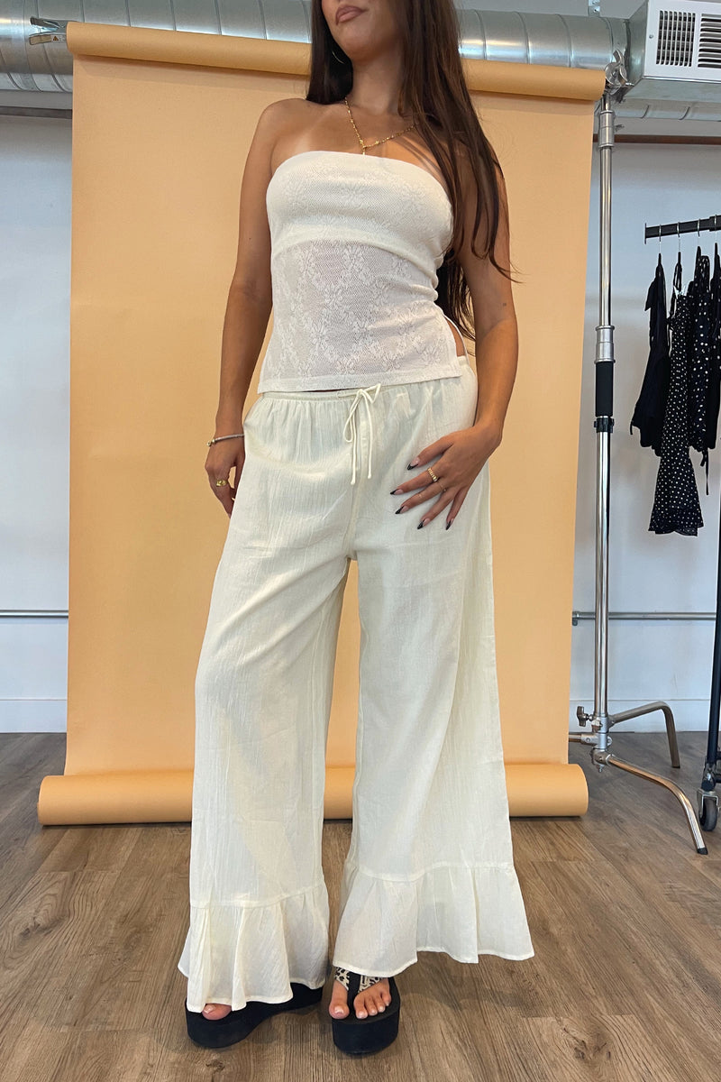 Clover Cream Cotton Ruffle Wide Leg Pants
