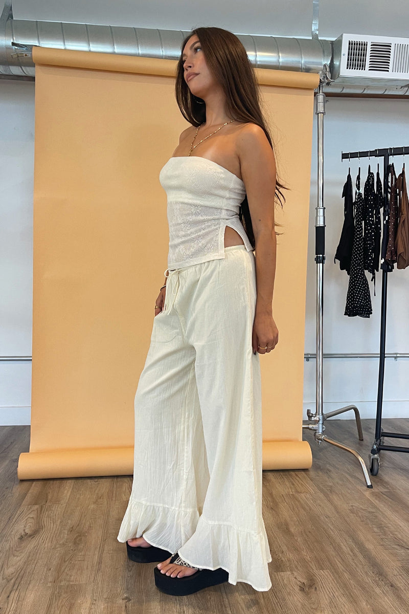 Clover Cream Cotton Ruffle Wide Leg Pants