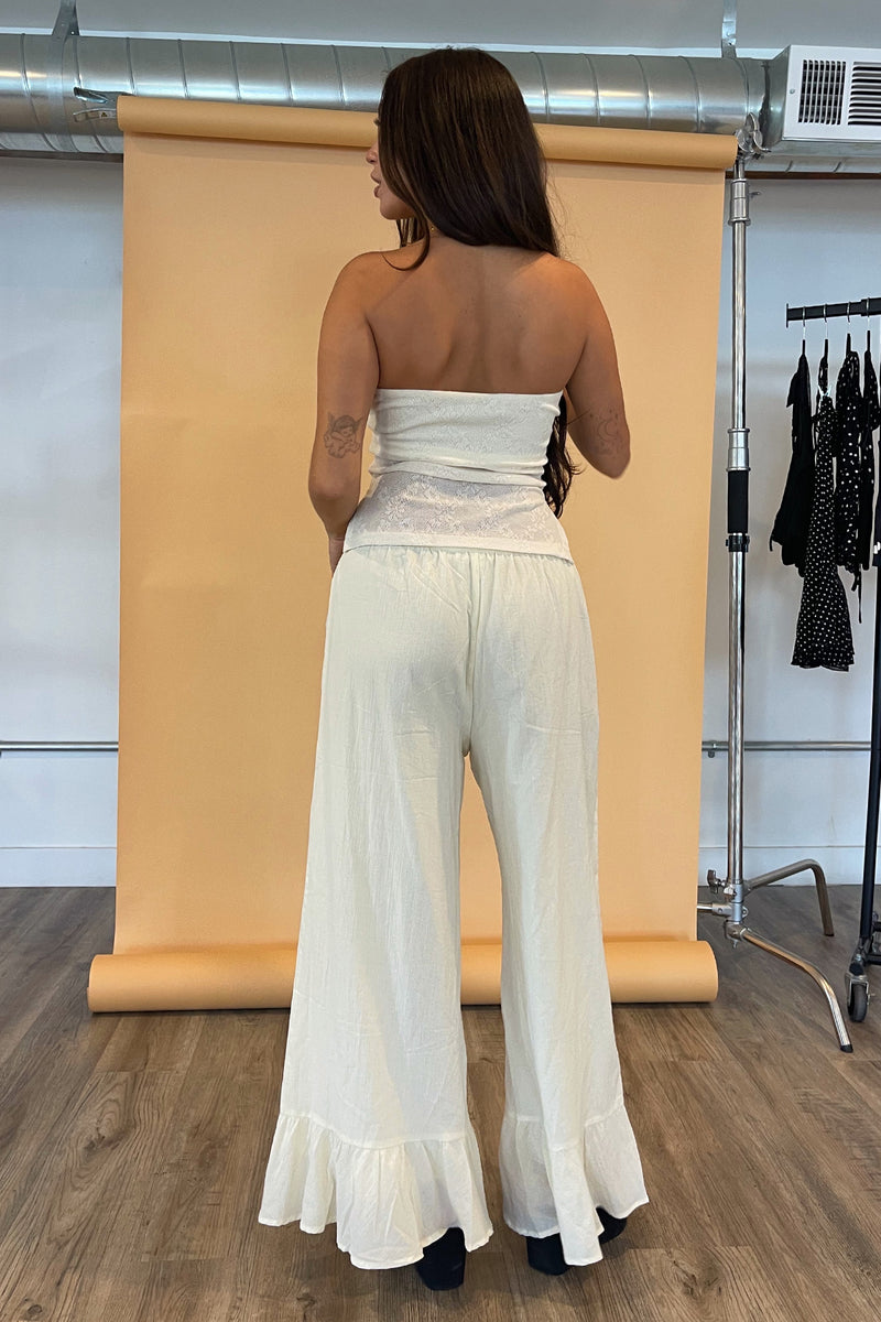 Clover Cream Cotton Ruffle Wide Leg Pants