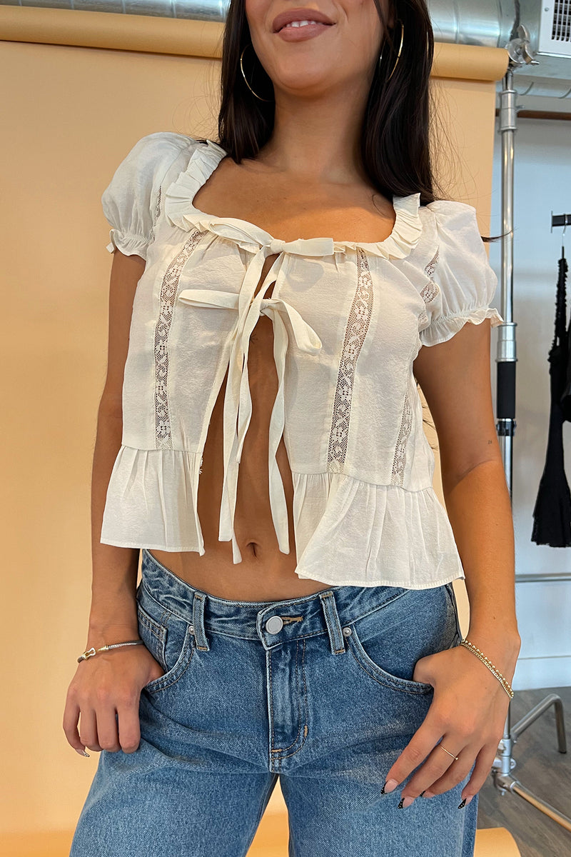 Lottie Cream Tie Front Ruffle Blouse
