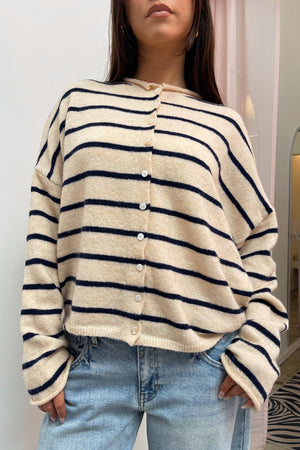 Blythe Cream with Navy Stripe Button Up Cardigan