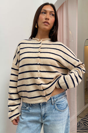 Blythe Cream with Navy Stripe Button Up Cardigan
