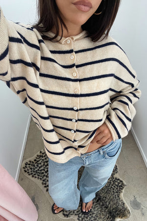 Blythe Cream with Navy Stripe Button Up Cardigan