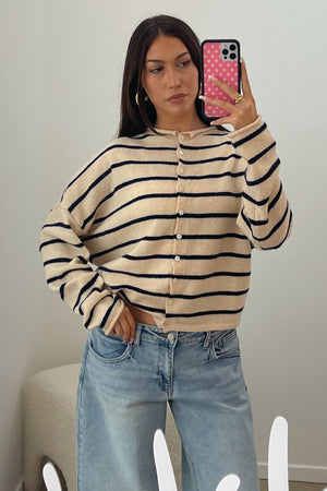 Blythe Cream with Navy Stripe Button Up Cardigan