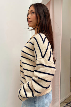 Blythe Cream with Navy Stripe Button Up Cardigan