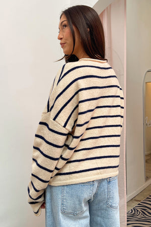 Blythe Cream with Navy Stripe Button Up Cardigan