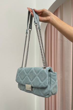 Stitched Up Light Wash Denim Quilted Flap Shoulder Bag