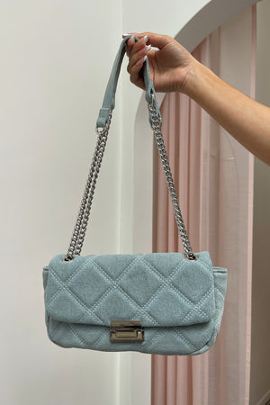 Stitched Up Light Wash Denim Quilted Flap Shoulder Bag