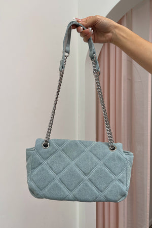 Stitched Up Light Wash Denim Quilted Flap Shoulder Bag