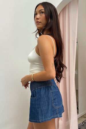Briar Blue Denim Flare Mini Shorts
