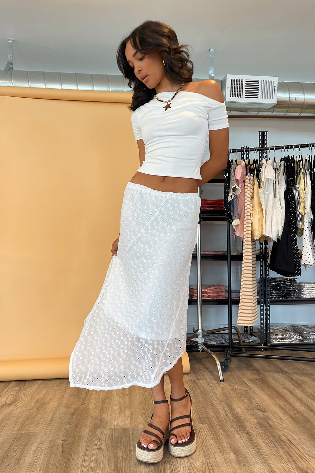 Beachwood White Eyelet Patchwork Asymmetrical Midi Skirt