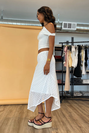 Beachwood White Eyelet Patchwork Asymmetrical Midi Skirt