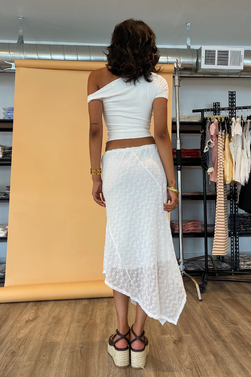 Beachwood White Eyelet Patchwork Asymmetrical Midi Skirt