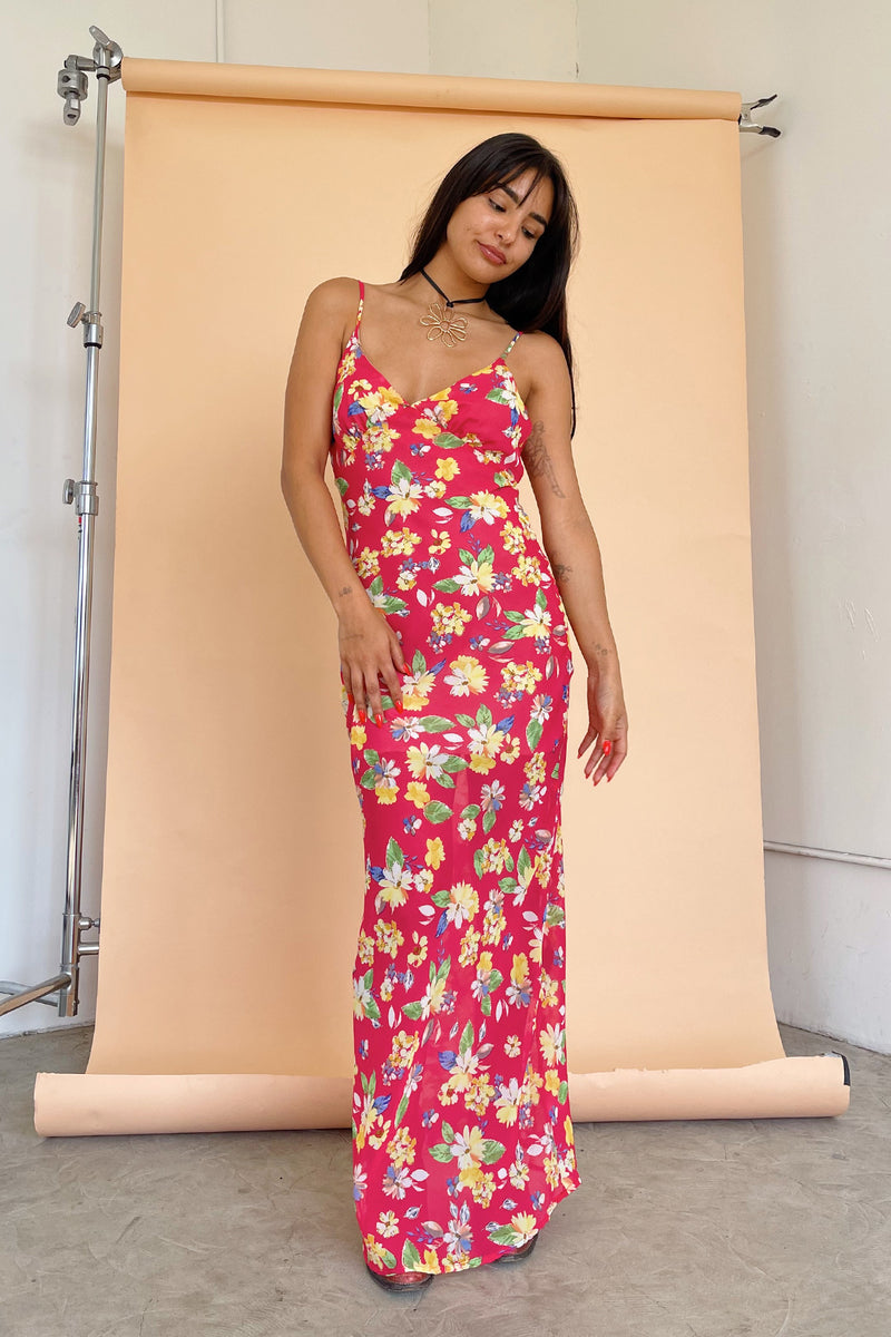 Color Theory Bright Pink Floral Maxi Dress