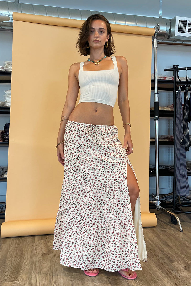 Escape from Reality Cream with Pink Floral Side Slit Maxi Skirt