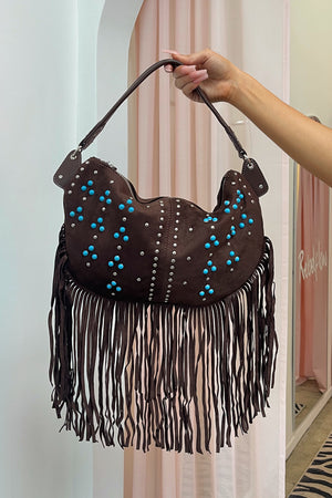 Santa Fe Brown with Turquoise Silver Stud Fringe Bag