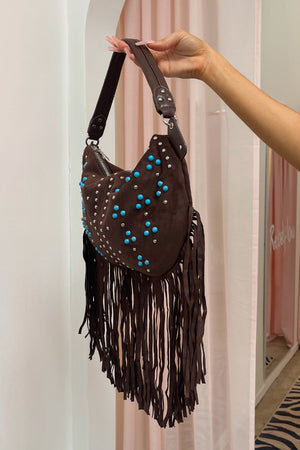 Santa Fe Brown with Turquoise Silver Stud Fringe Bag