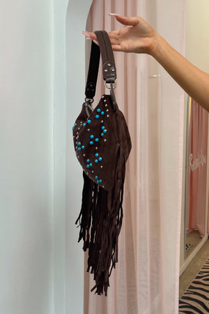 Santa Fe Brown with Turquoise Silver Stud Fringe Bag