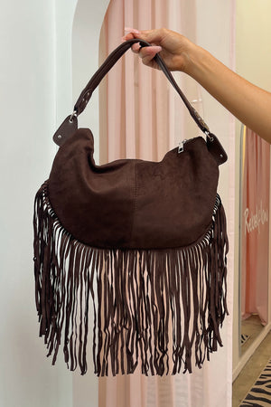 Santa Fe Brown with Turquoise Silver Stud Fringe Bag