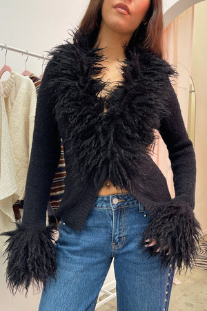 Old Hollywood Black Fur Trim Cardigan