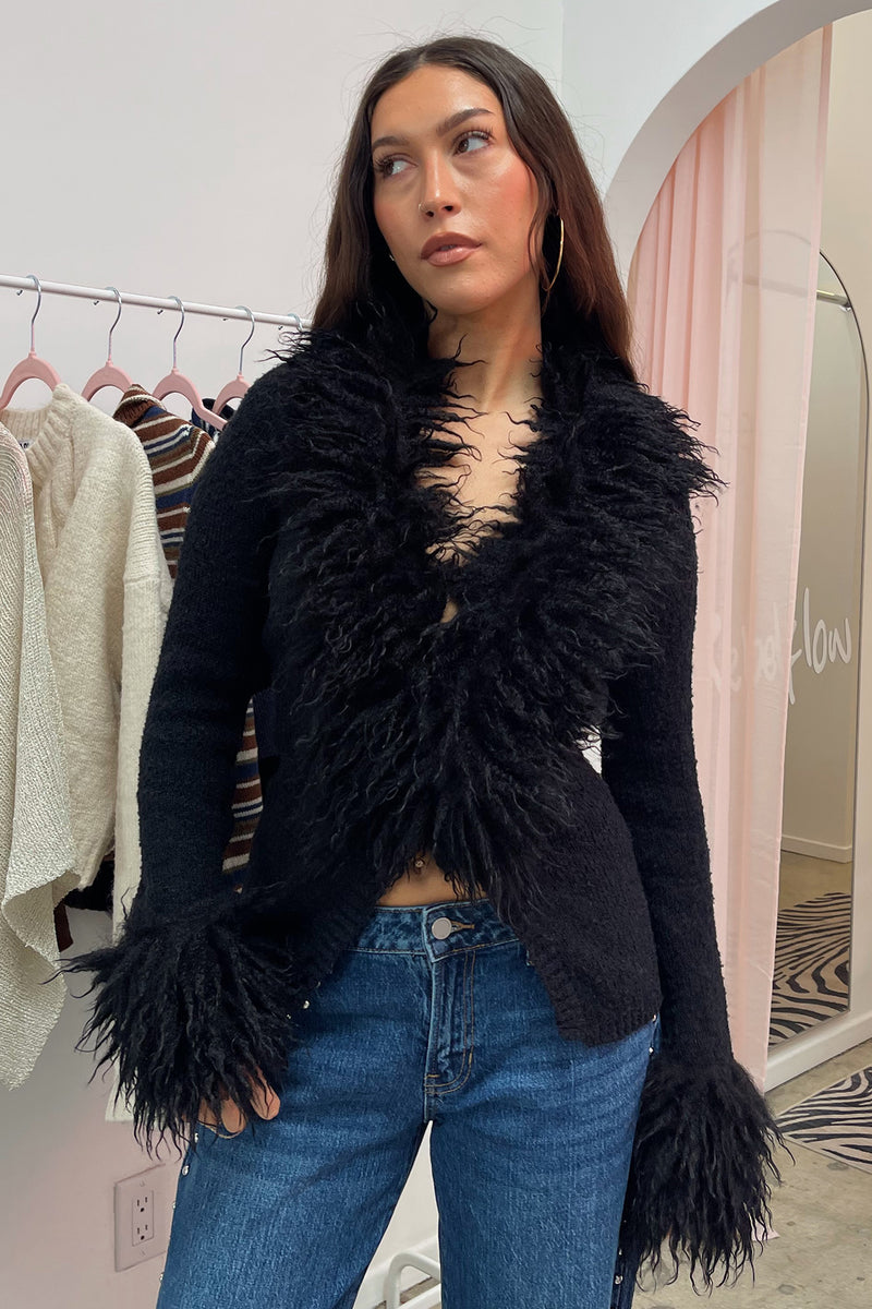 Old Hollywood Black Fur Trim Cardigan