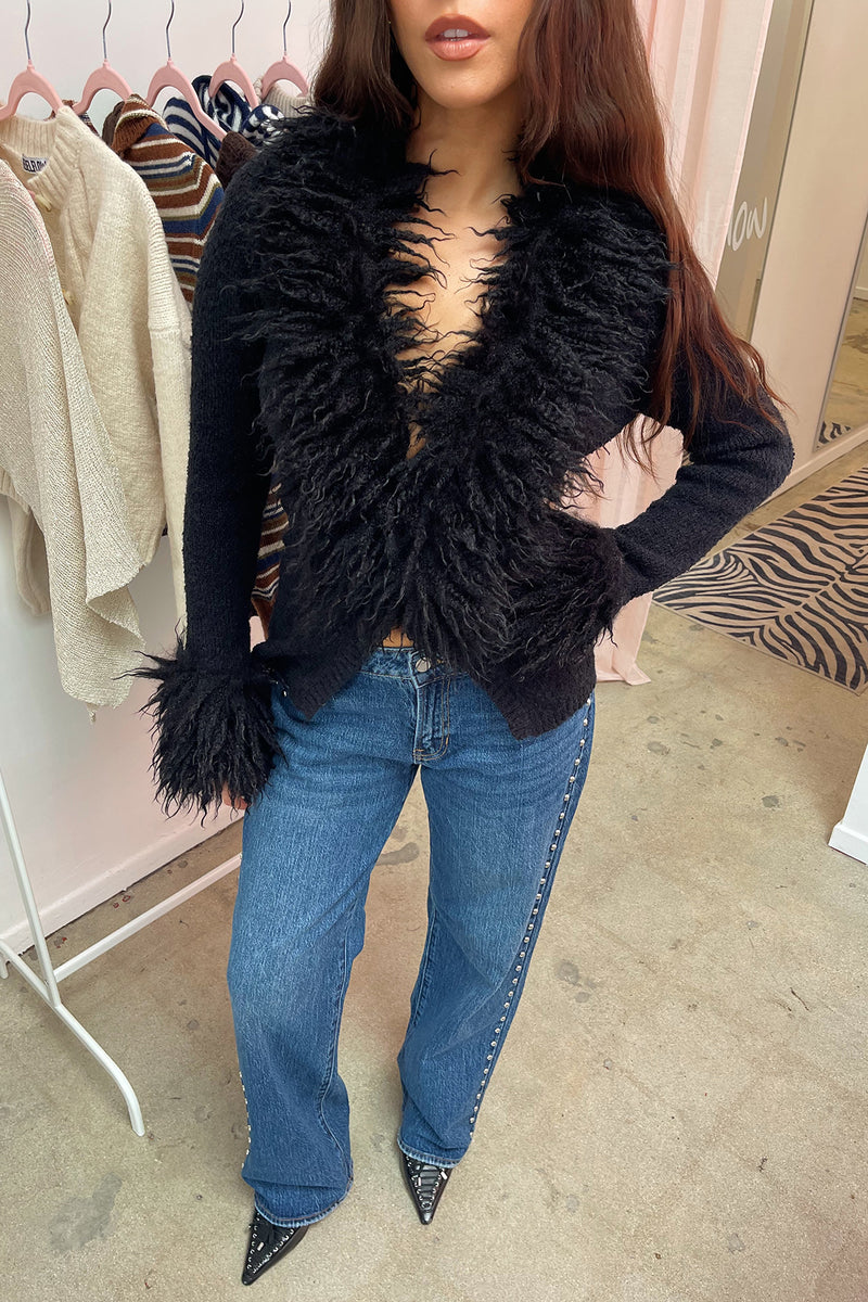 Old Hollywood Black Fur Trim Cardigan